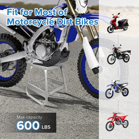 Motorcycle Lift Stand For Dirt Bikes 600Lb Capacity Beefy Universal Panel Stand on gravel surface with various bike images.