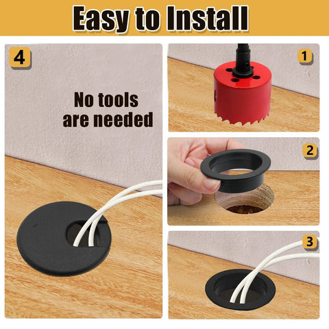 Installation steps of 2 Inch Black Desk Grommet Cable Hole Cover For Easy Cable Management On Home Office Desks TV Stands And Tabletops