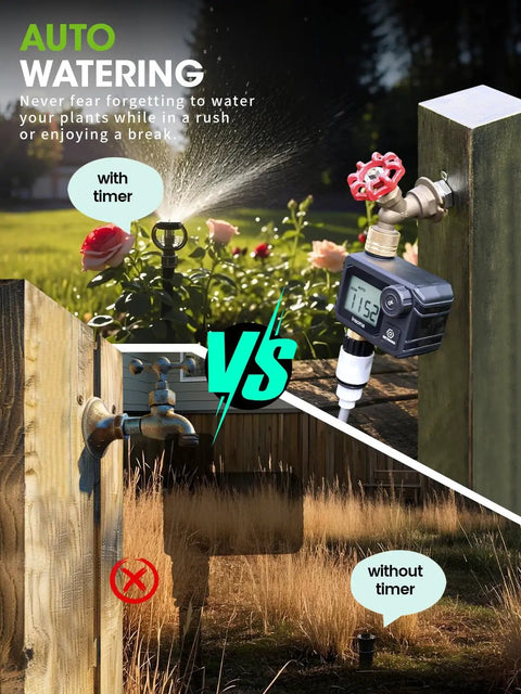 Sprinkler Timer For Garden And Lawn Programmable Irrigation Hose Timer With Rain Delay Manual and Auto Watering Modes shown.