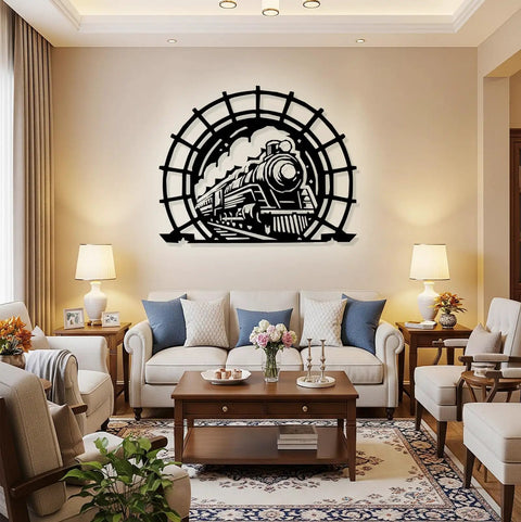 Old School Vintage Steam Train Metal Sign, Circular Iron Wall Art With Locomotive Silhouette in living room decor