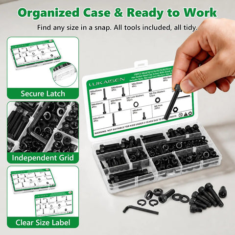 178 Piece M6 12.9 Grade Black Steel Socket Cap Screws Nuts Washers Kit for Heavy Duty Projects, High Torque Fasteners to Prevent Screw Head Strains, All in One Durable Fastener Set for Builders and Gearheads; organized case