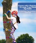 Child climbing tree with harness using climbing holds, part of 160Ft Backyard Zip Line Kit For Kids And Adults Up To 360 Lbs With Removable Trolley Thickened Seat Safety Harness Quick Tighten Tools For The Fam Outdoor Adventure Gift
