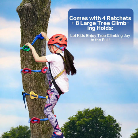 Child climbing tree with harness using climbing holds, part of 160Ft Backyard Zip Line Kit For Kids And Adults Up To 360 Lbs With Removable Trolley Thickened Seat Safety Harness Quick Tighten Tools For The Fam Outdoor Adventure Gift