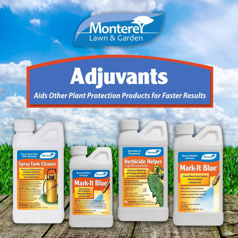 Spray Tank Cleaner and Mark-It Blue bottles on display with Monterey Lawn & Garden logo and adjuvants banner, 1 pint.