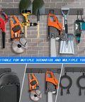Heavy Duty Garage Tool Organizer Wall Mount Rack With 680 Pound Capacity And 10 Adjustable Hooks holding tools against wall