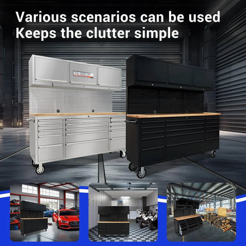 72 Inch Rolling Tool Chest With 3 Upper Cabinets And 15 Drawers, Pegboard, Large Mobile Toolbox on Wheels in Garage