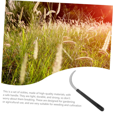 Close-up of a grassy yard with a Five Piece Easy To Use Garden Weeding Tool Set With Folding Sickle And Light Serration displayed.
