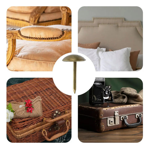 Antique Brass Upholstery Tacks with 3/8 Inch Round Head Dome shown above various furniture items and crafts.