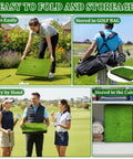 Collage showing Dual Turf Golf Practice Mat for indoor and outdoor use folded, carried, in golf bag, and in storage cabinet.