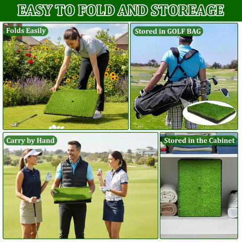Collage showing Dual Turf Golf Practice Mat for indoor and outdoor use folded, carried, in golf bag, and in storage cabinet.