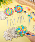 Lotus Flower Wind Chime Craft Kit For Kids 24 Piece Color Your Own Mandala Windchime DIY Unfinished Wood Hanging Ornaments
