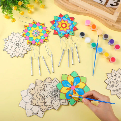 Lotus Flower Wind Chime Craft Kit For Kids 24 Piece Color Your Own Mandala Windchime DIY Unfinished Wood Hanging Ornaments