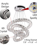 Lit Modern Crystal Chandelier DIY 3 Ring Dimmable Pendant Light With Remote LED Ceiling Fixture, acrylic and K9 crystal design