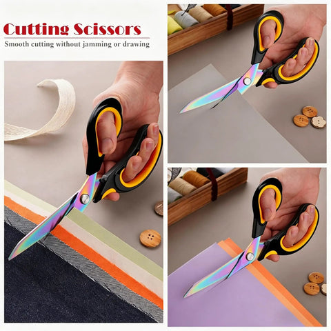 9.5 Inch Heavy Duty Titanium Coated Forged Stainless Steel Scissors For Fabric Leather Dressmaking Tailoring Home Office School Ultra Sharp All Purpose Shears That Slice Through 16 Plus Layer Fabrics Like Butter in use for fabric cutting