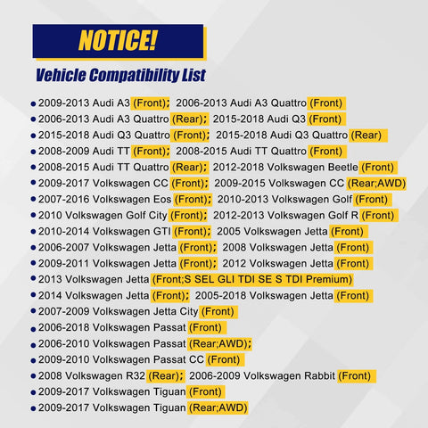 Vehicle compatibility list for 513253-K Front And Rear Wheel Bearing And Hub Assembly 2 Pack For Audi A3 Q3 TT Quattro and VW models.