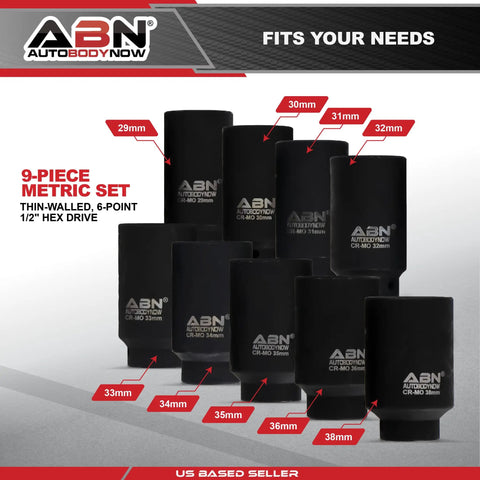 1/2 Inch Drive 6-Point Go-To Thin Wall Axle Nut Socket Set 9-Piece Metric Kit, 29mm to 38mm sizes, for hub nuts repair.