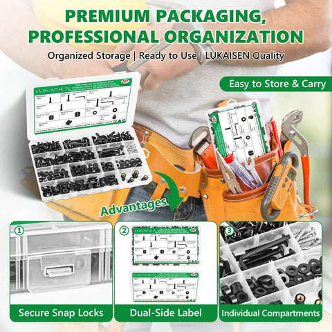 Premium 304 Stainless Steel Black Motorcycle Fairing Bolt Kit M5 And M6 Hex Head Fasteners in organized storage box.