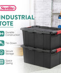 Heavy Duty Plastic Storage Totes With Secure Snap Lids For Garage Shed Organization 15 Gallon 18 Pack stacked black bins with red accents.