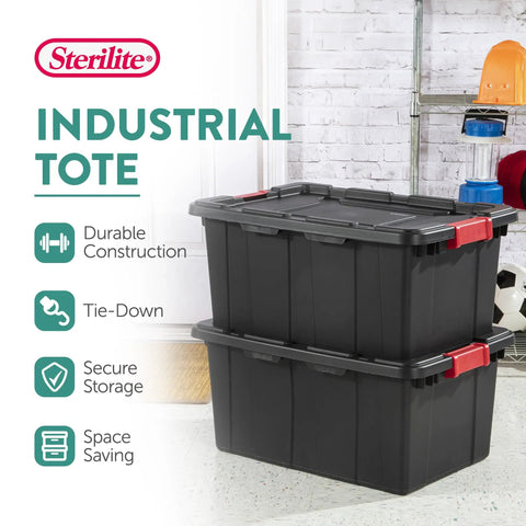 Heavy Duty Plastic Storage Totes With Secure Snap Lids For Garage Shed Organization 15 Gallon 18 Pack stacked black bins with red accents.