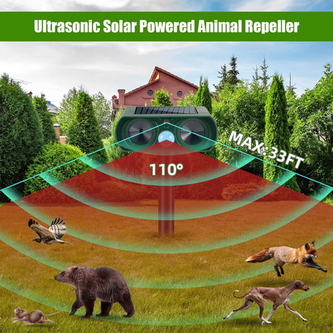 Solar Ultrasonic Outdoor Animal Deterrent With Motion Sensor IP65 Waterproof Garden Repeller Scares Squirrels Dogs Raccoons Skunks Rabbits Coyotes Deer From Your Yard Humane Solar Powered Yard Protection, 110° 33ft