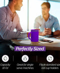 16 Oz Double Wall Insulated Desk Mug With Lid And Handle Set Of Two Bpa Free Reusable Plastic Spill Proof Cup Daily Driver Keep Your Brew Dialed In Easy Wash Wide Mouth Office Staple Purple Shade on wooden table with two men discussing.