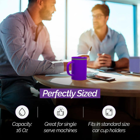 16 Oz Double Wall Insulated Desk Mug With Lid And Handle Set Of Two Bpa Free Reusable Plastic Spill Proof Cup Daily Driver Keep Your Brew Dialed In Easy Wash Wide Mouth Office Staple Purple Shade on wooden table with two men discussing.