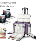 Open Lilac Rolling Teacher Bag With Five 360 Degree Swivel Wheels And Detachable Trolley, displaying storage compartments for laptops and books