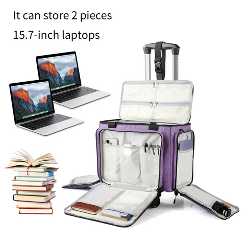 Open Lilac Rolling Teacher Bag With Five 360 Degree Swivel Wheels And Detachable Trolley, displaying storage compartments for laptops and books