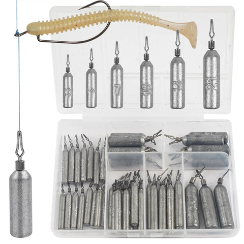 Drop Shot Lead Weights Kit With Barrel Swivels, 50 Pcs Pencil Shaped Snagless Sinkers in tackle box, variety sizes from 3.5g to 21g