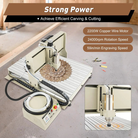 Powerful USB CNC Router Engraver 6090 with 2.2KW spindle, showcased on a workbench with remote control and high precision guide.