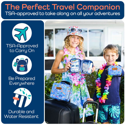 Kids travel first aid kit with blue patterned pouches; compact TSA-approved design shown with two kids and luggage