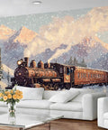 Steam Train Wallpaper Mural For Living Room And Bedroom Large 79 By 55 Inch Not Peel And Stick Vintage Steam Locomotive Poster Style Epic Room Makeover Decor In A Large Scale Design That Complements Neutral Tones And Adds Vintage Charm on wall with snow-covered mountains and trees.