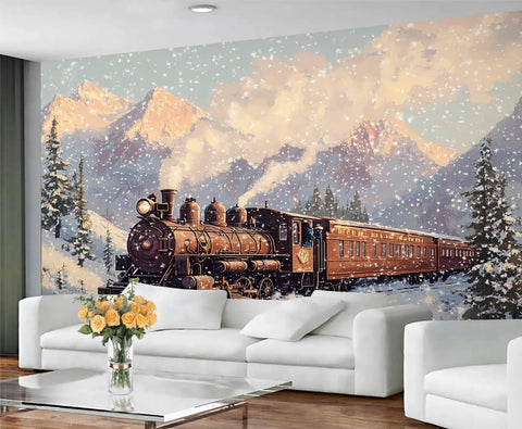 Steam Train Wallpaper Mural For Living Room And Bedroom Large 79 By 55 Inch Not Peel And Stick Vintage Steam Locomotive Poster Style Epic Room Makeover Decor In A Large Scale Design That Complements Neutral Tones And Adds Vintage Charm on wall with snow-covered mountains and trees.