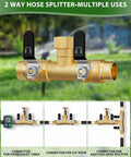 Rugged Brass Hose Splitter 2 Way With Full Flow 0.59 Inch Ball Valve And Shut Off, Three Quarter Inch Fittings, Heavy Duty Outdoor Garden Water Faucet Adapter For High Pressure, Two Independent Outlets, Easy Setup, No Leaks. Brass two-way hose splitter with shutoff levers and 3/4-inch threaded fittings