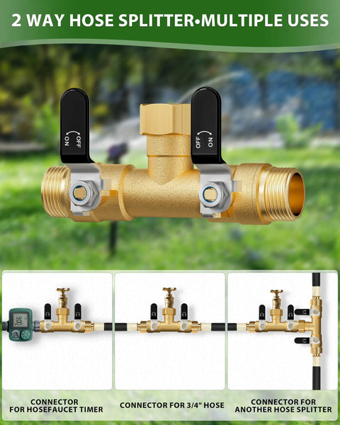 Rugged Brass Hose Splitter 2 Way With Full Flow 0.59 Inch Ball Valve And Shut Off, Three Quarter Inch Fittings, Heavy Duty Outdoor Garden Water Faucet Adapter For High Pressure, Two Independent Outlets, Easy Setup, No Leaks. Brass two-way hose splitter with shutoff levers and 3/4-inch threaded fittings
