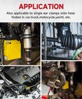 DIY Ready PEX Pipe Clamp Cinching Tool Kit in use on automotive hoses for stainless steel clamps, various vehicle parts visible.