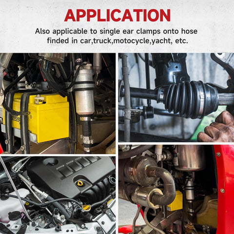 DIY Ready PEX Pipe Clamp Cinching Tool Kit in use on automotive hoses for stainless steel clamps, various vehicle parts visible.