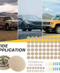 60 Piece Car Roof Headliner Repair Kit With Install Tool And Snap Rivets For Fixing Interior Ceiling Cloth On Trucks And SUVs Beige Flannelette Rust Resistant Pins shown with application examples and kit components.