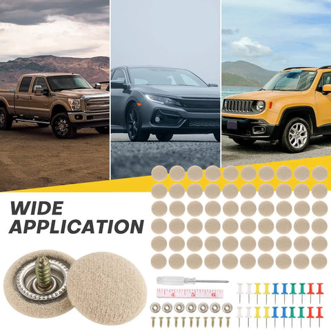 60 Piece Car Roof Headliner Repair Kit With Install Tool And Snap Rivets For Fixing Interior Ceiling Cloth On Trucks And SUVs Beige Flannelette Rust Resistant Pins shown with application examples and kit components.