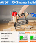 18 Gauge Pneumatic Brad Nailer Kit With 2000 Nails Included Lightweight Finish Nail Gun on wooden surface with measurements