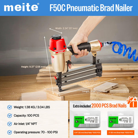 18 Gauge Pneumatic Brad Nailer Kit With 2000 Nails Included Lightweight Finish Nail Gun on wooden surface with measurements