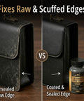 Comparison showing unsealed raw edge versus coated with Smooth Black Leather Edge Coat With Built In Applicator For Purses Belts Shoes And Couches Delivers A Clean Flexible Water Resistant Edge Finish Sealer And Restorer For All Leather Edges 4oz.
