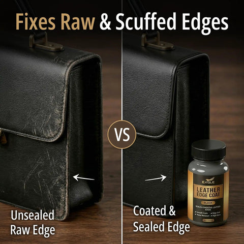 Comparison showing unsealed raw edge versus coated with Smooth Black Leather Edge Coat With Built In Applicator For Purses Belts Shoes And Couches Delivers A Clean Flexible Water Resistant Edge Finish Sealer And Restorer For All Leather Edges 4oz.