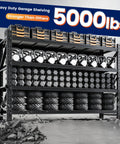 71 Inch Wide Monster Grade Heavy Duty Garage Storage Shelves With 5000 Lbs Capacity, 4 Adjustable Steel Shelves, Utility Rack For Basement, Warehouse, And Industrial Uses, Rugged Metal Organization Unit shown with tires and tools
