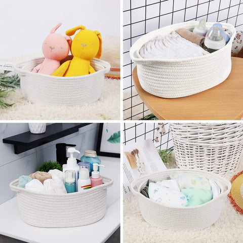 Rope Storage Basket With Handles For Pet Toys And Essentials Boho Woven Organizer Bin For Shelves 12 By 8 By 5 Inches White