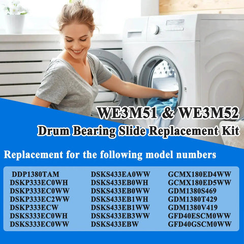 Woman next to an open dryer with text overlay for WE3M51 & WE3M52 Drum Bearing Slide Replacement Kit models.