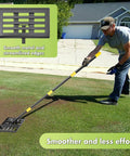 Person using Heavy Duty Lawn Leveling Rake With A 17x10 Inch Head And A 5 Foot Ergonomic Handle Pro Grade Leveler Tool on lawn
