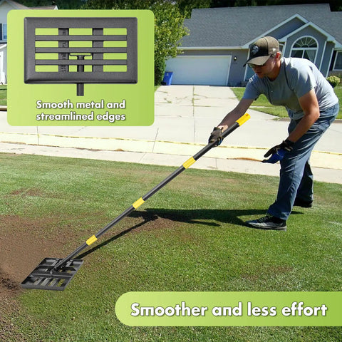 Person using Heavy Duty Lawn Leveling Rake With A 17x10 Inch Head And A 5 Foot Ergonomic Handle Pro Grade Leveler Tool on lawn