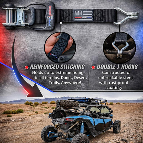 Heavy Duty Spare Tire Y Strap for UTV and Off Road Adventures, featuring reinforced stitching and double J-hooks.