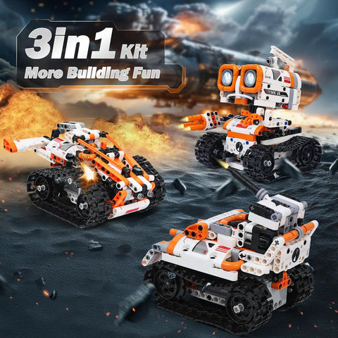 3 In 1 Remote And App Controlled STEM Robotics Kit For Kids Ages 8 To 12, 560 Piece Building Set with three robotic models displayed